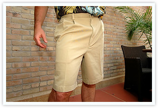 over-the-knee, double-pleated shorts