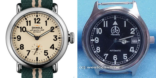 A $500 quartz Shinola (left) and a $325 mechanical O@W (right)